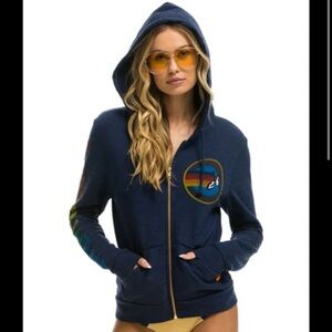 Aviator Nation Navy Hoodie with Multicolor Sleeve Design